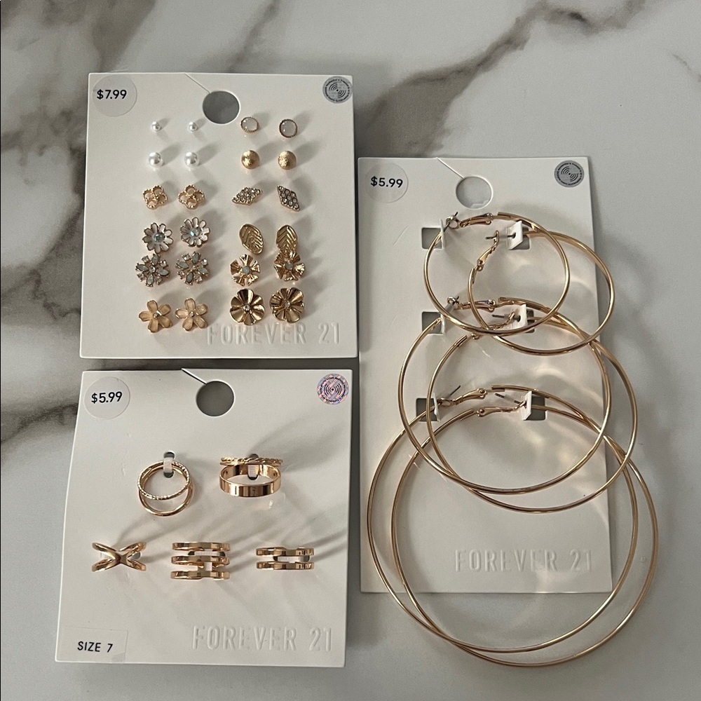 Forever 21 Gold and Silver Earring Collection and ring set size 7! #7